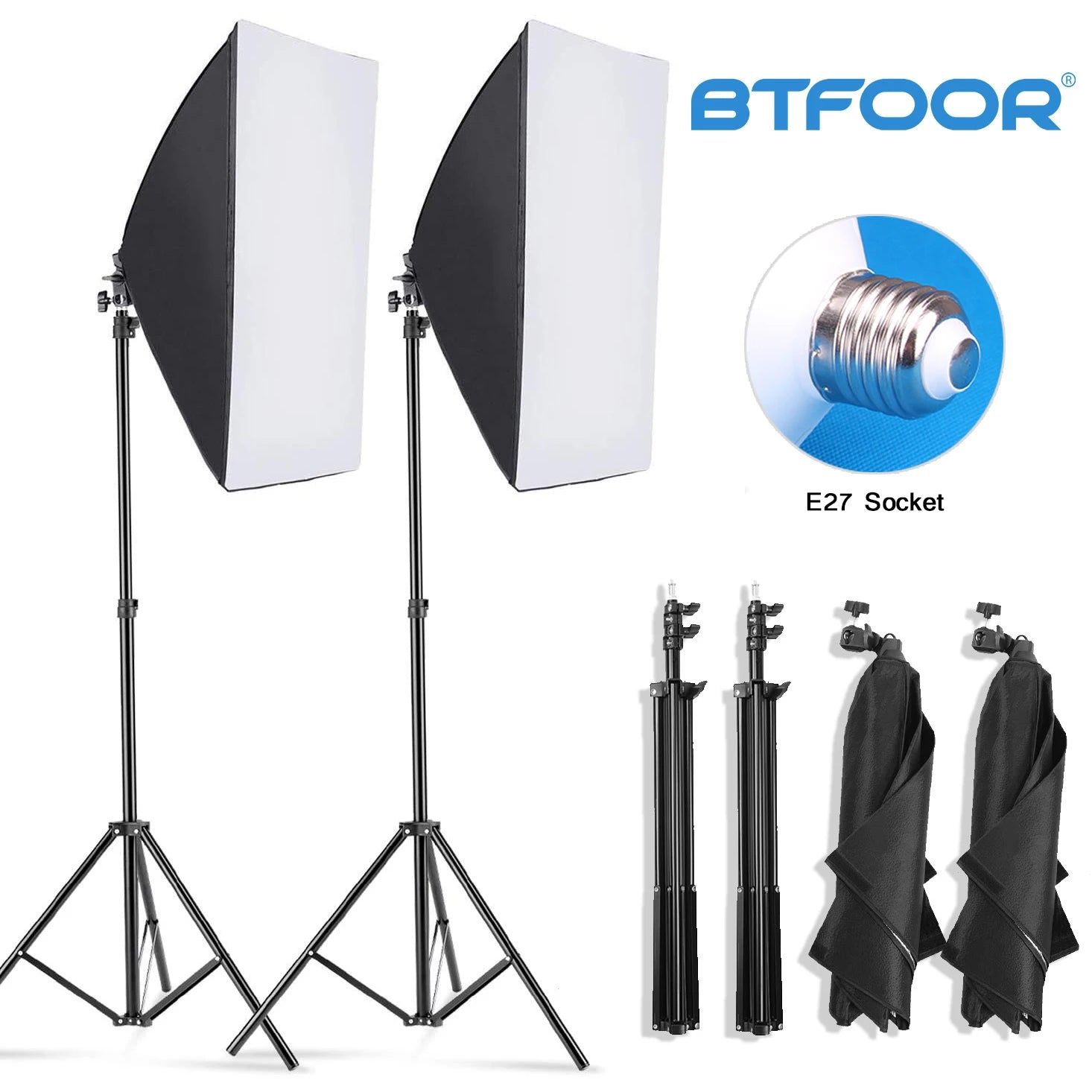 BTFOOR Professional softbox lighting kit with tripod and E27 photographic bulb, ideal for photo studios and continuous lighting.