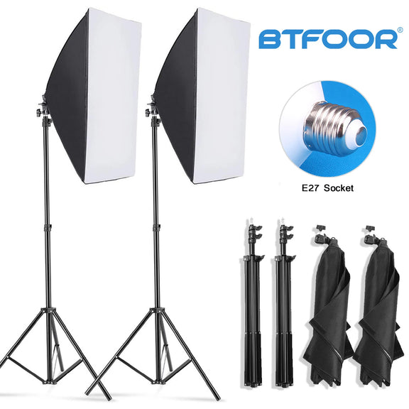 BTFOOR Professional softbox lighting kit with tripod and E27 photographic bulb, ideal for photo studios and continuous lighting.