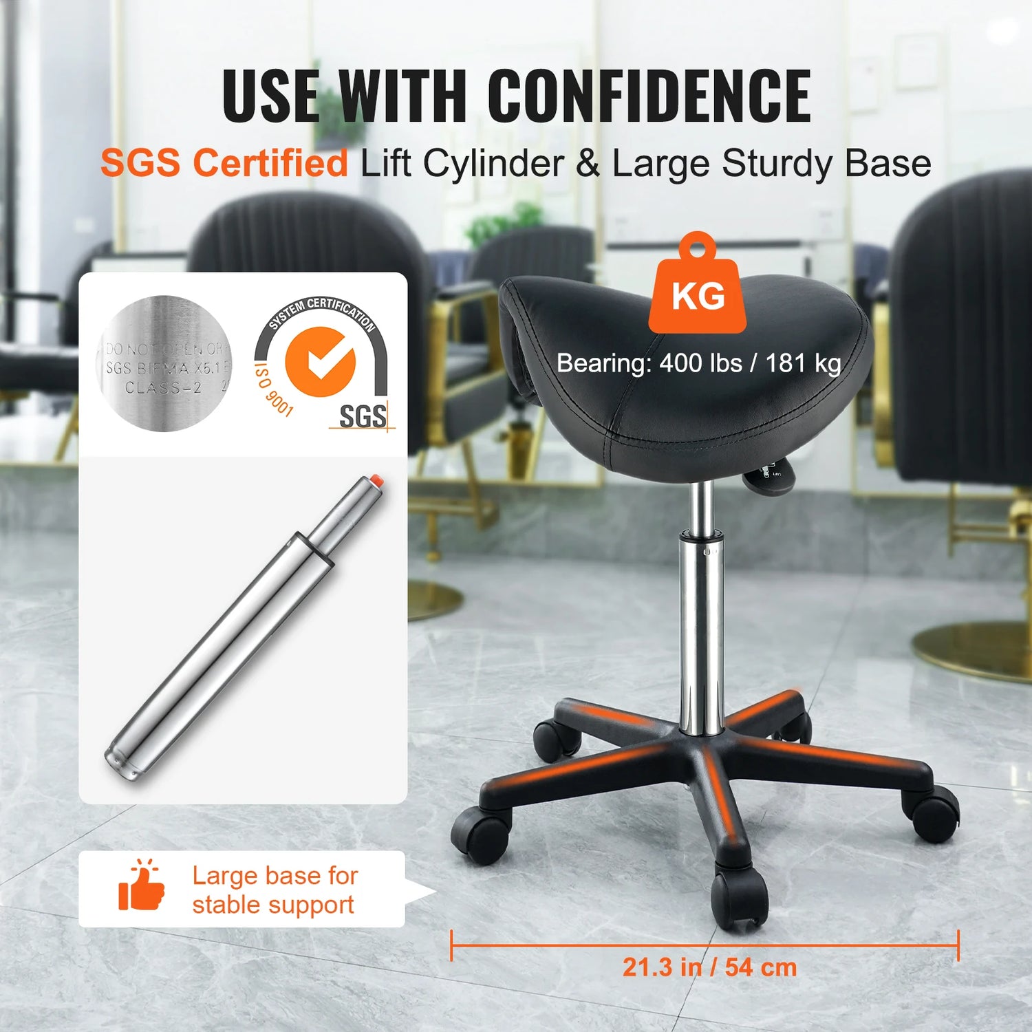 Ergonomic saddle stool with adjustable height and 360° swivel, designed for comfort in salons, offices, and dental clinics.