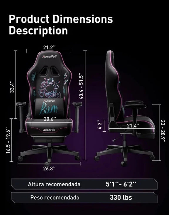 AutoFull C3 ergonomic gaming chair with footrest, lumbar support, and embroidered punk graffiti design