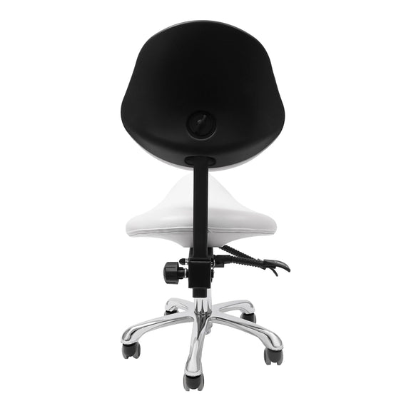 Height adjustable rolling saddle stool with wheels and backrest, 360° swivel for ergonomic seating