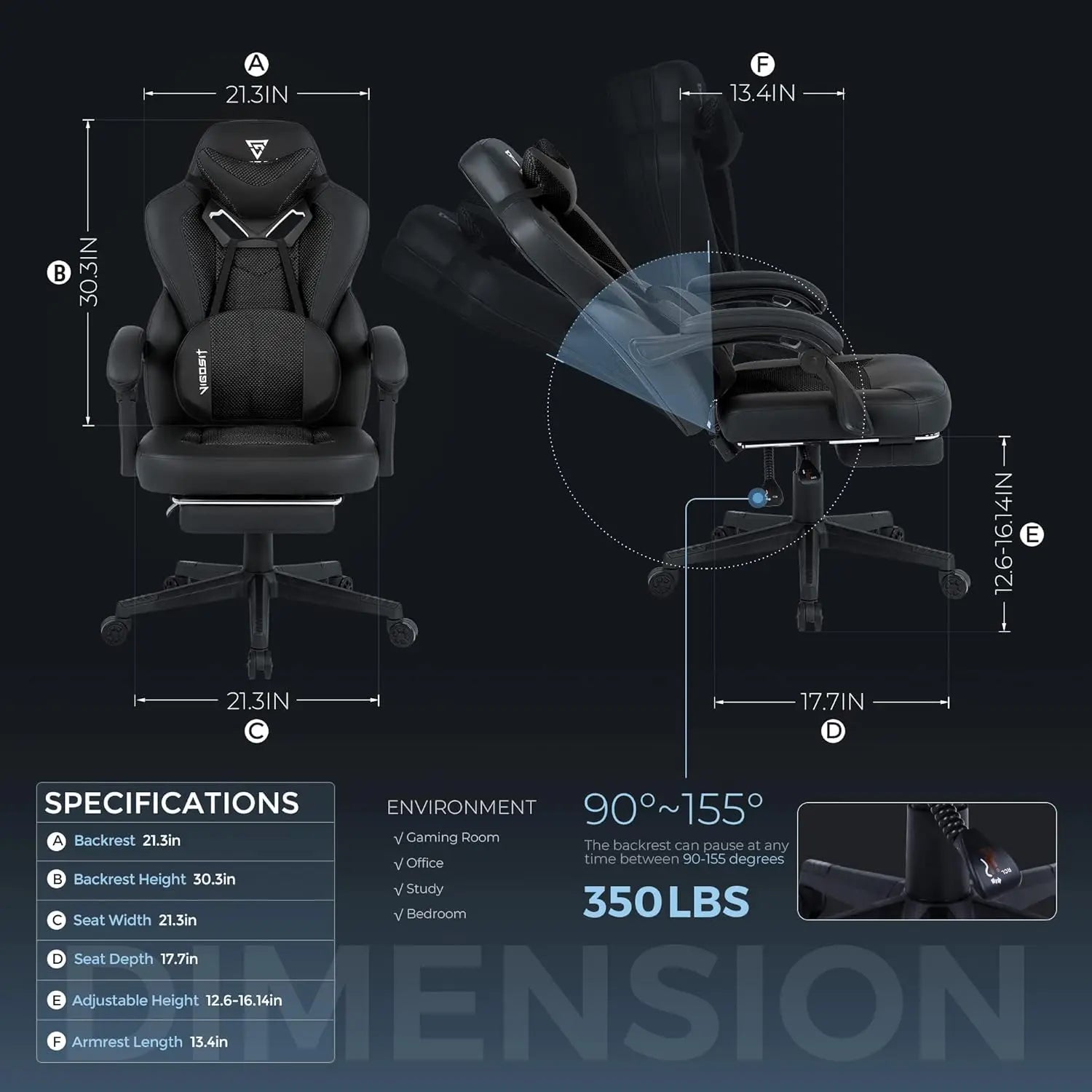 Tongyue Gaming Chair PRO in black, with ergonomic design, massage lumbar support, reclining footrest, and solid backrest for gaming or work.