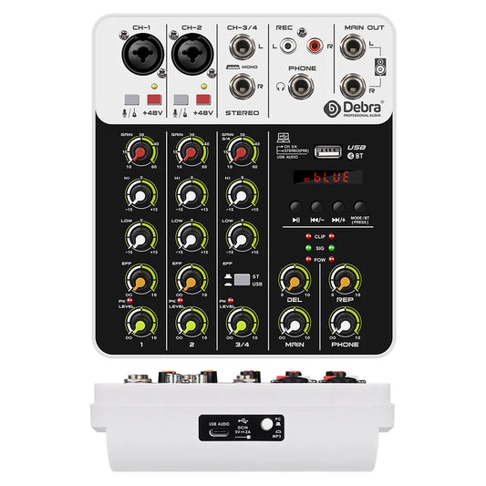 IKGE V4 4-channel audio mixer with Bluetooth, USB recording, and 48V phantom power for music production and live streaming.