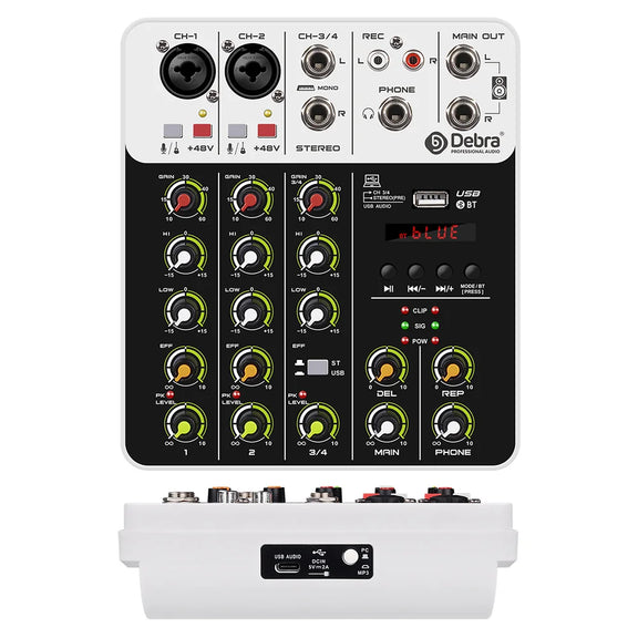 IKGE V4 4-channel audio mixer with Bluetooth, USB recording, and 48V phantom power for music production and live streaming.