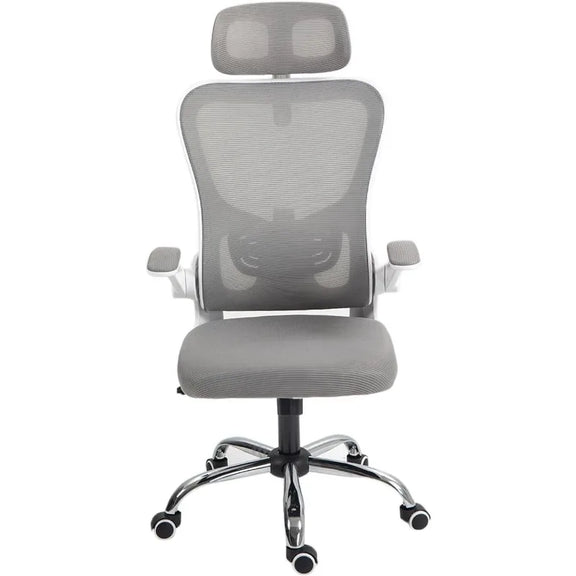 Ergonomic office chair with mesh back, adjustable headrest, and flip-up padded armrests.