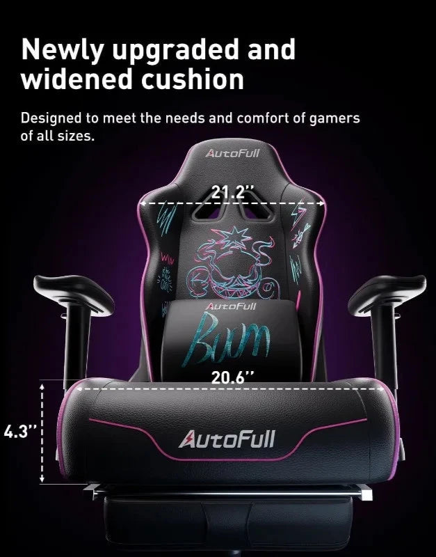 AutoFull C3 ergonomic gaming chair with footrest, lumbar support, and embroidered punk graffiti design