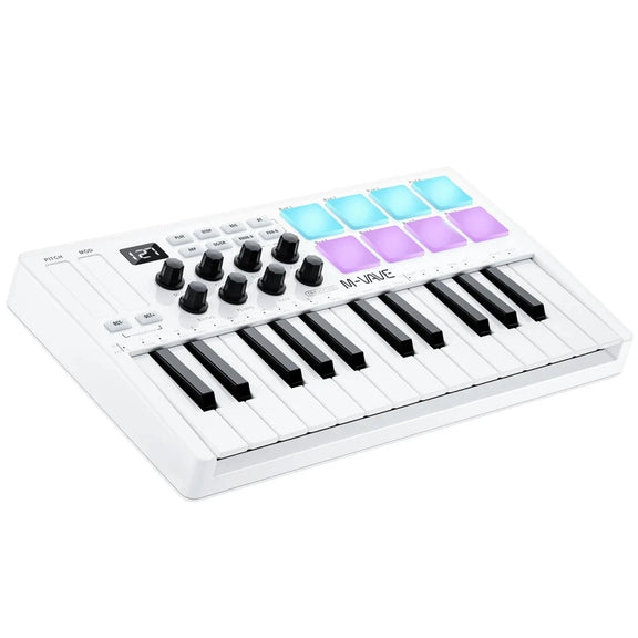 M-VAVE SMK-25 II MIDI Keyboard with 25 mini keys, 16 RGB backlit pads, and 8 assignable knobs for portable music production