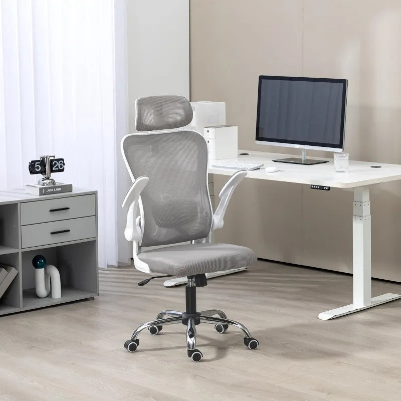 Ergonomic office chair with mesh back, adjustable headrest, and flip-up padded armrests.