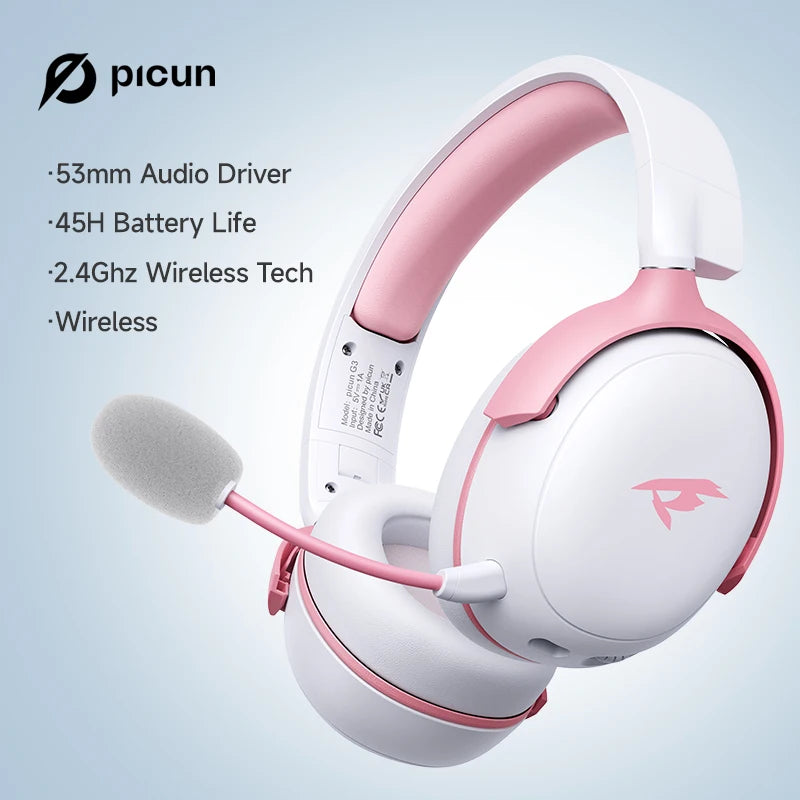 Picun G3 wireless gaming headset with 3D spatial audio, low latency, ENC mic, and multi-platform support