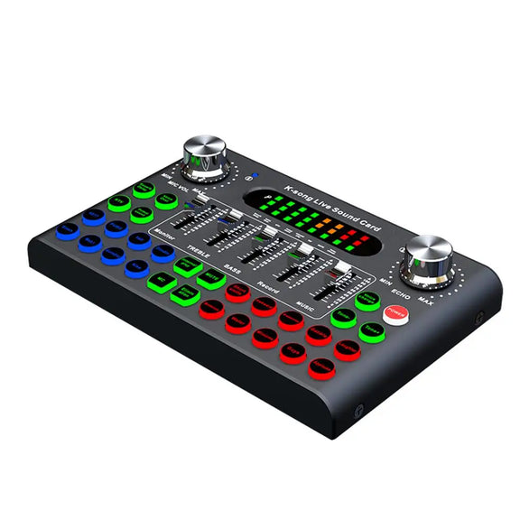 722 F007C Professional Compact Sound Card Mixer with DJ Effects for recording, live streaming, and karaoke.