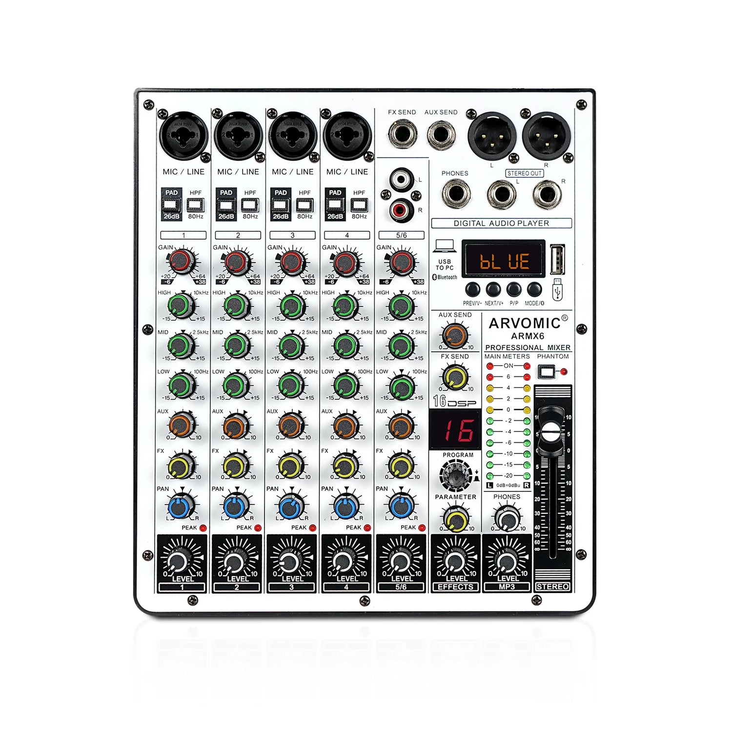 ARVOMIC ARMX6 6-channel audio mixer with USB, Bluetooth, and 16 DSP effects for professional audio mixing