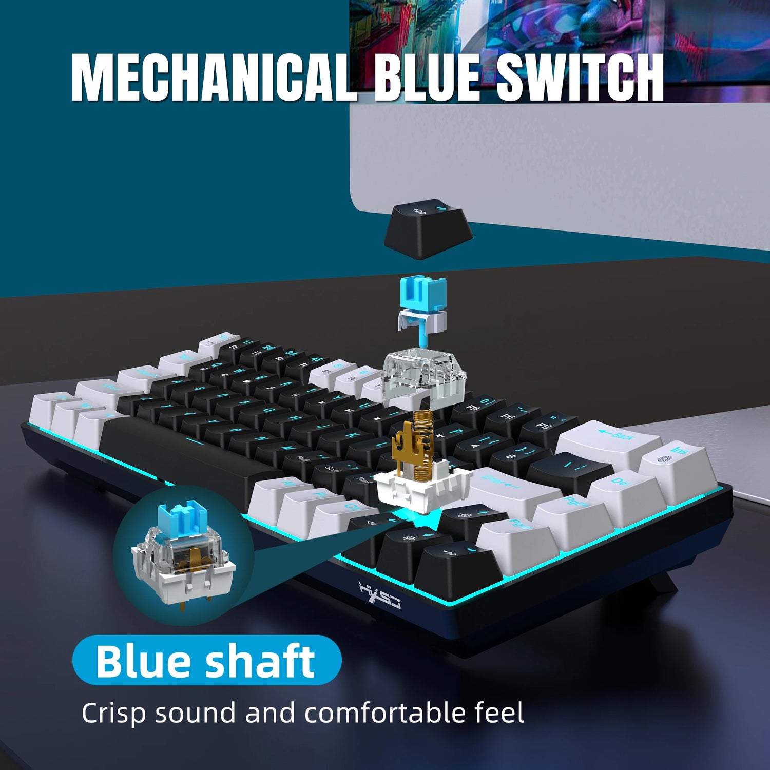 HXSJ 68-Key Ice Blue Backlit Mechanical Keyboard with Hot-Swappable Blue Switches and Detachable Cable.