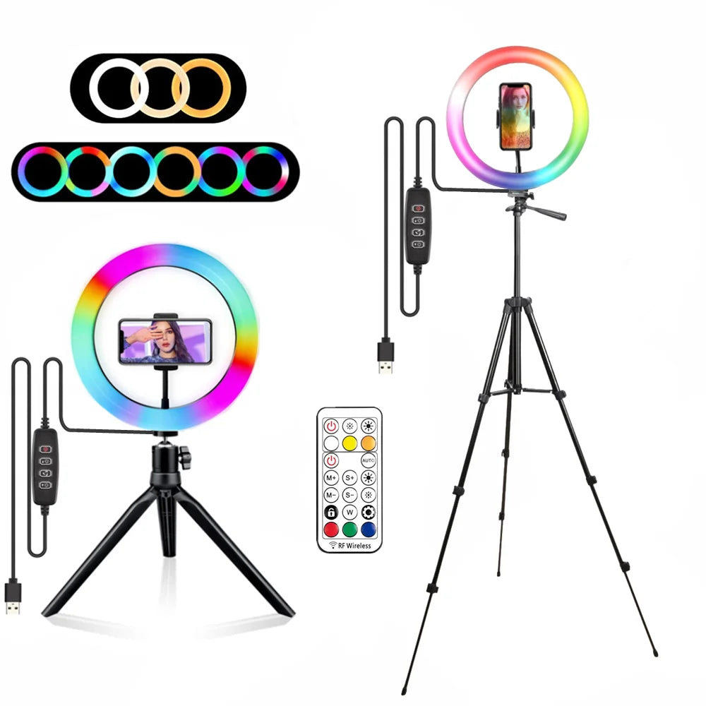 RGB LED ring light with tripod stand and remote control, ideal for YouTube, video lighting, and smartphone photography