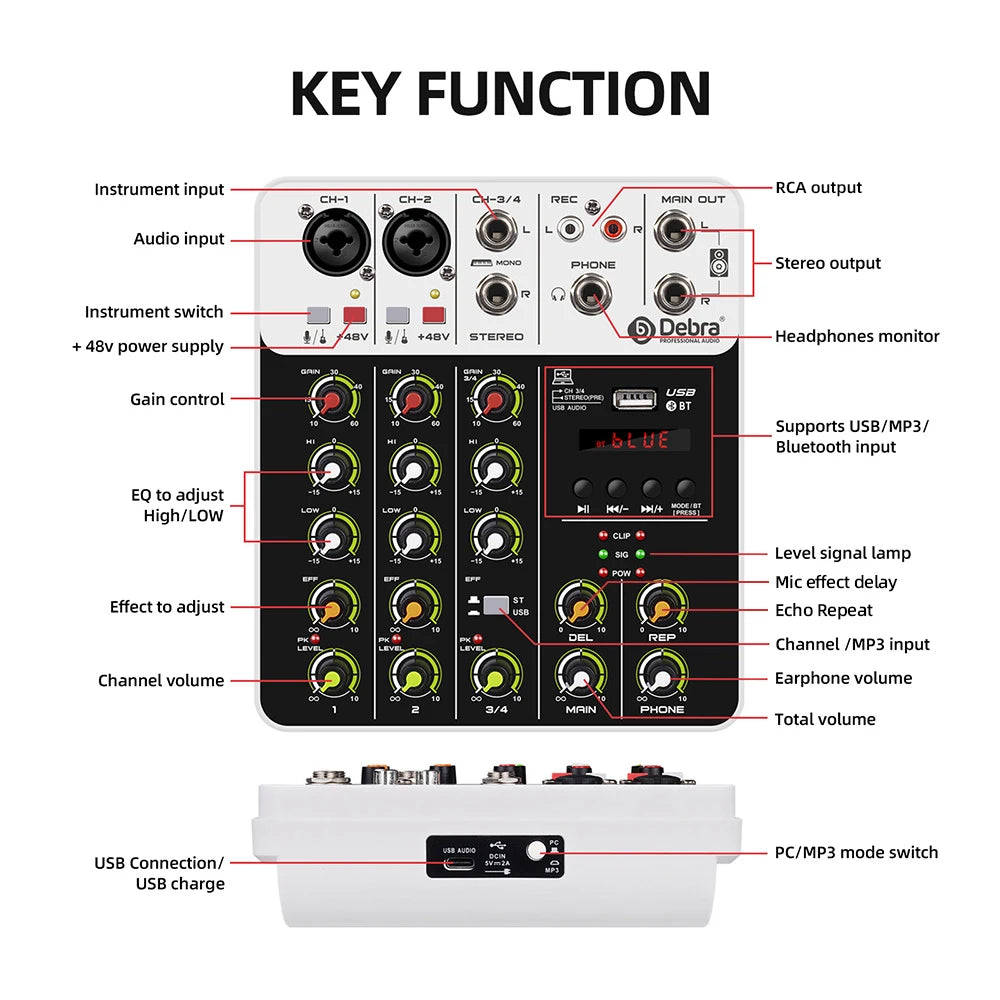 IKGE V4 4-channel audio mixer with Bluetooth, USB recording, and 48V phantom power for music production and live streaming.