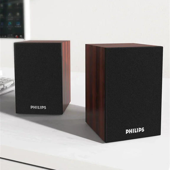 Philips SPA20 Bluetooth speaker with 360° surround sound, USB-powered, and wooden cabinet design