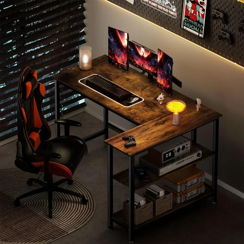 43-inch L-shaped wooden computer desk with integrated storage shelf for home office or gaming setups