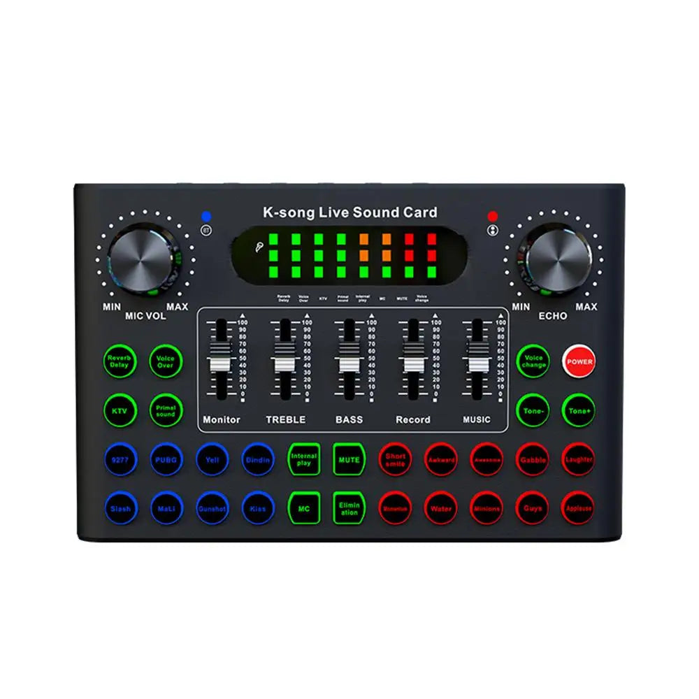 722 F007C Professional Compact Sound Card Mixer with DJ Effects for recording, live streaming, and karaoke.