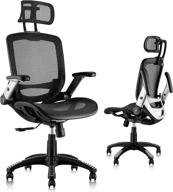 Ergonomic mesh office chair with adjustable headrest and flip-up arms for lumbar support and comfortable sitting.