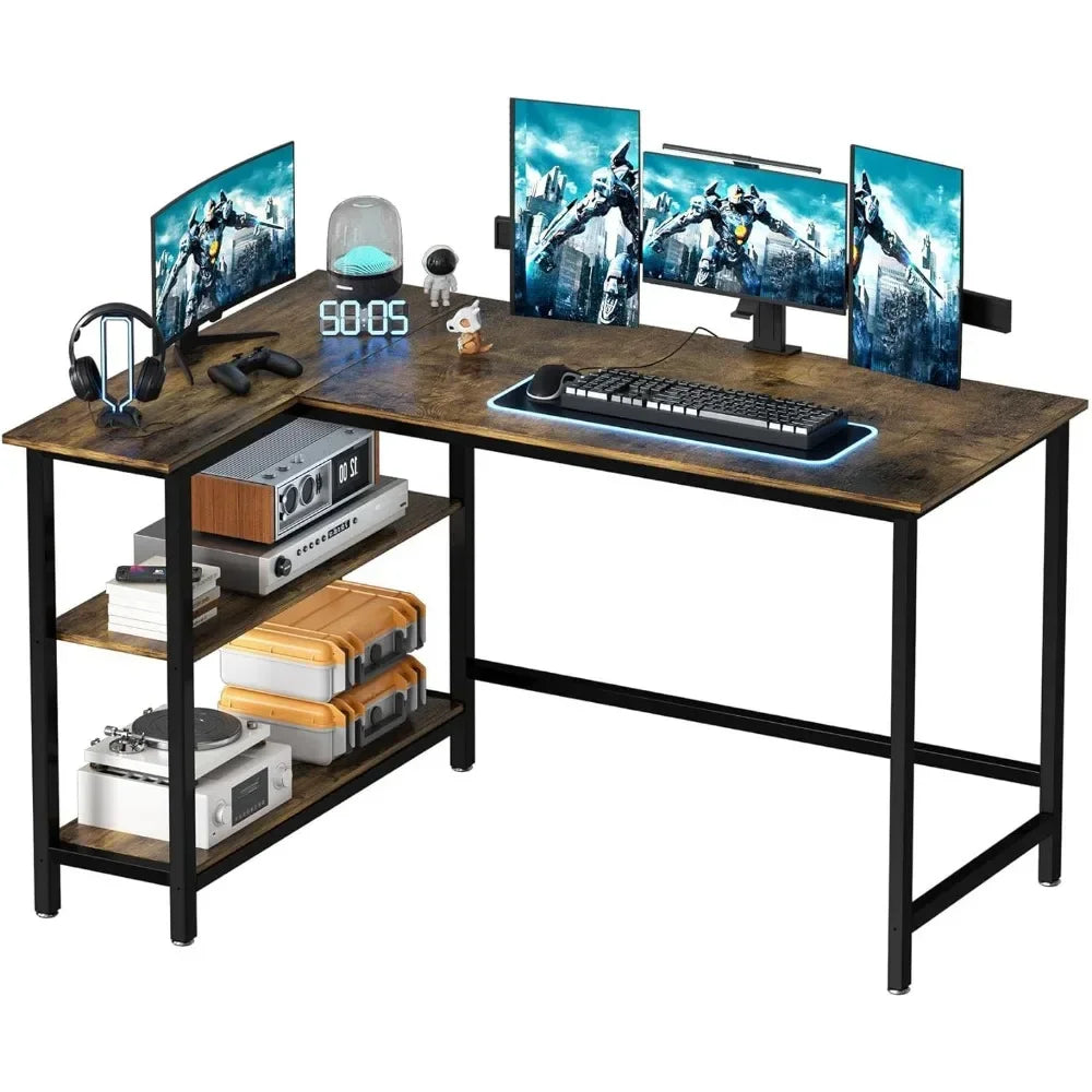 43-inch L-shaped wooden computer desk with integrated storage shelf for home office or gaming setups