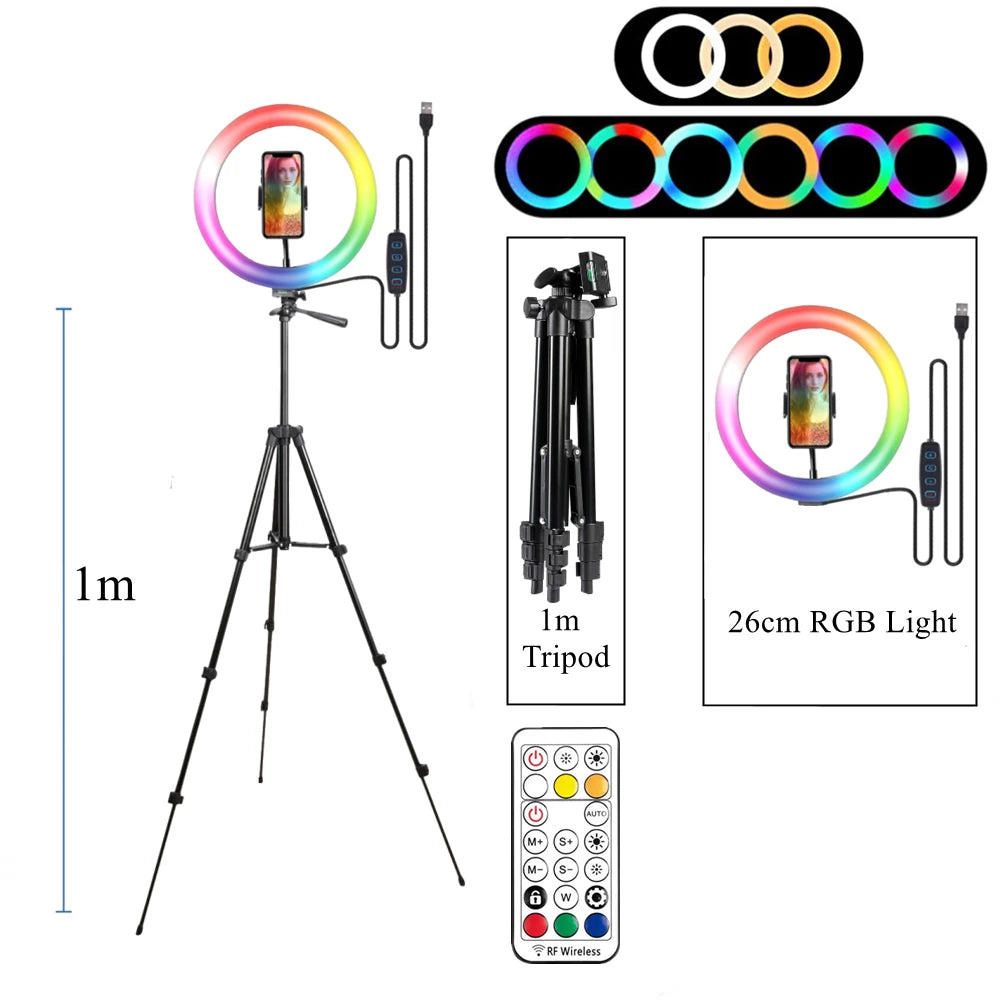 RGB LED ring light with tripod stand and remote control, ideal for YouTube, video lighting, and smartphone photography