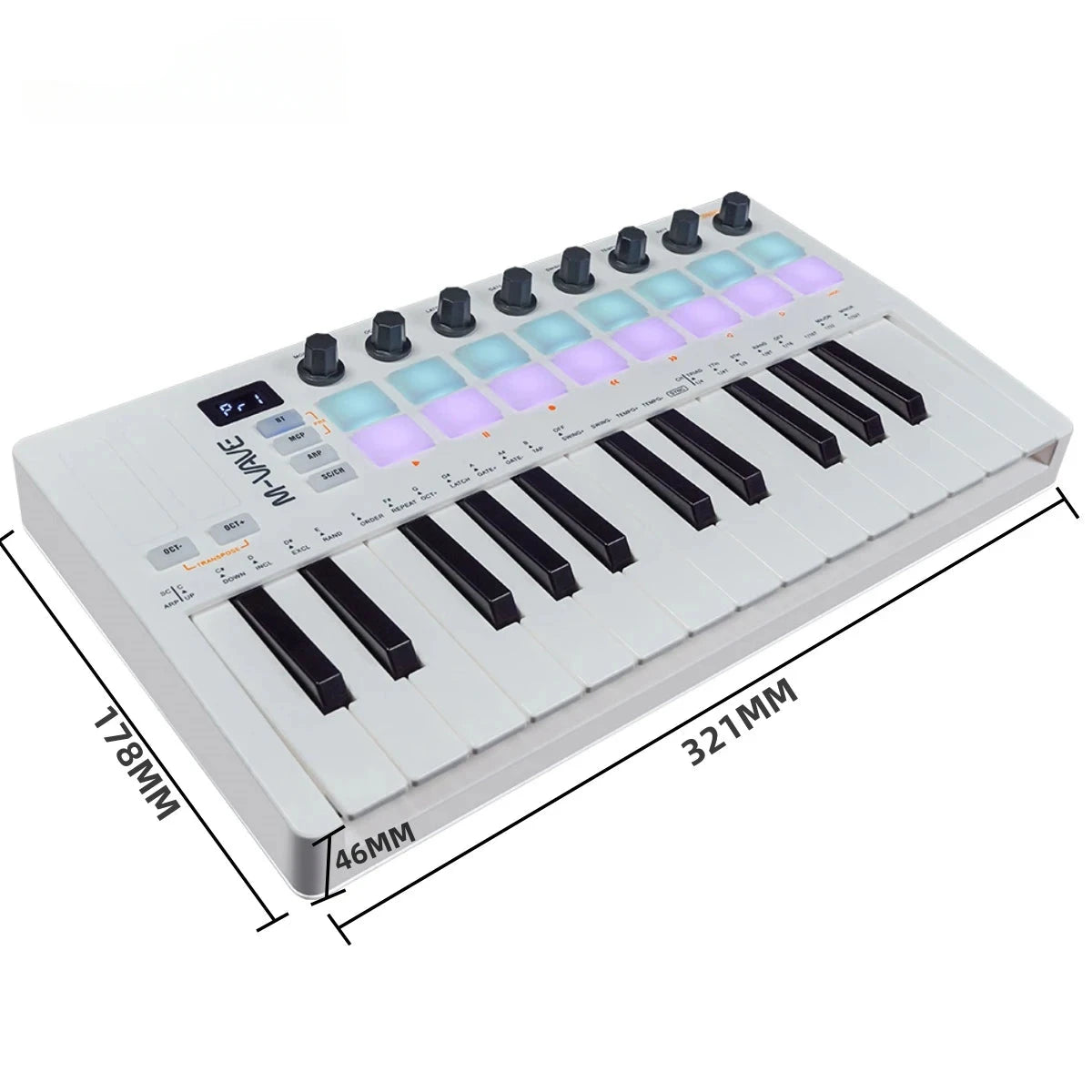 M-VAVE SMK-25 II MIDI Keyboard with 25 mini keys, 16 RGB backlit pads, and 8 assignable knobs for portable music production