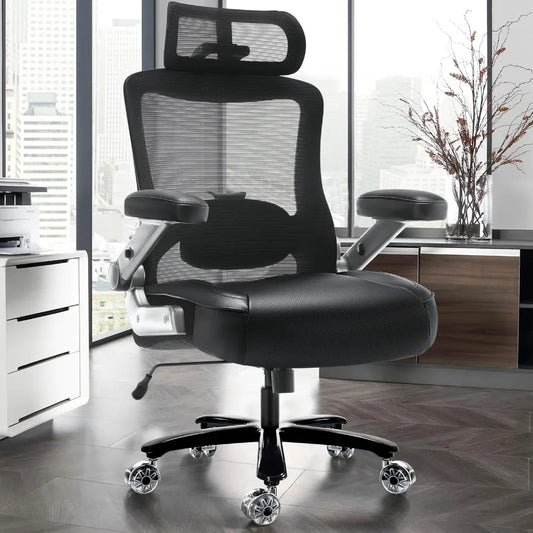 500lbs heavy-duty ergonomic office chair with adjustable arms, mesh back, and padded leather seat for large individuals