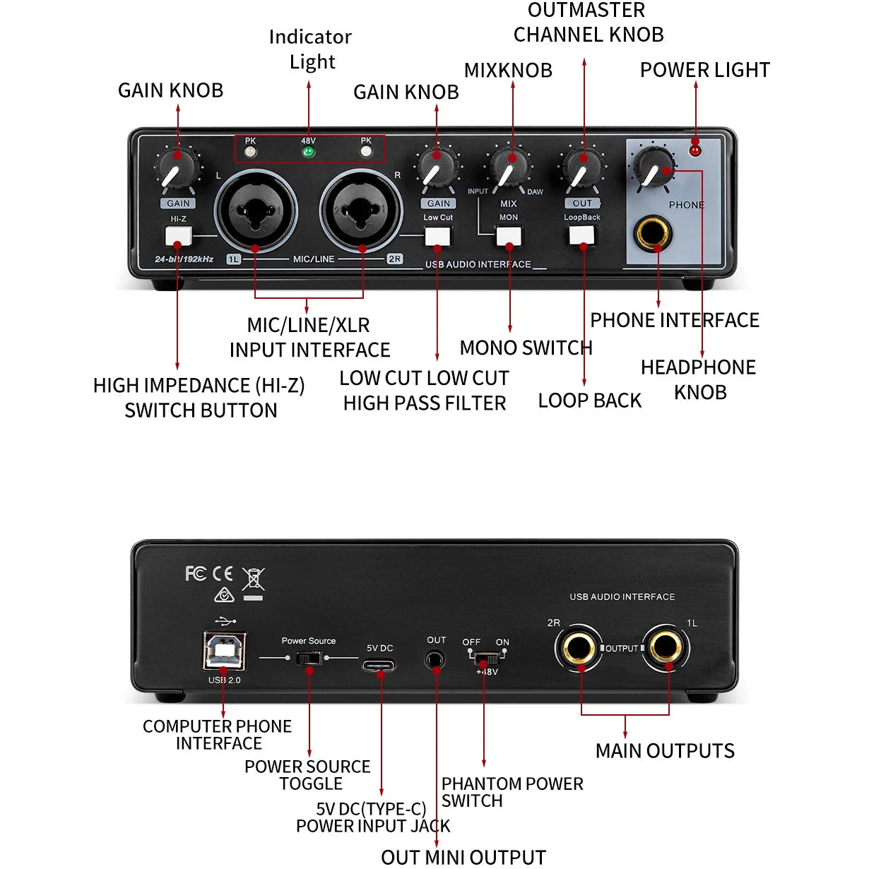 YESSKO USB Audio Interface with 24-bit/192 kHz resolution, loopback, and zero-latency monitoring for professional recording