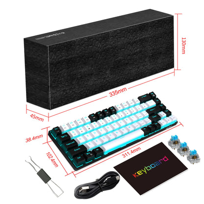 HXSJ 68-Key Ice Blue Backlit Mechanical Keyboard with Hot-Swappable Blue Switches and Detachable Cable.