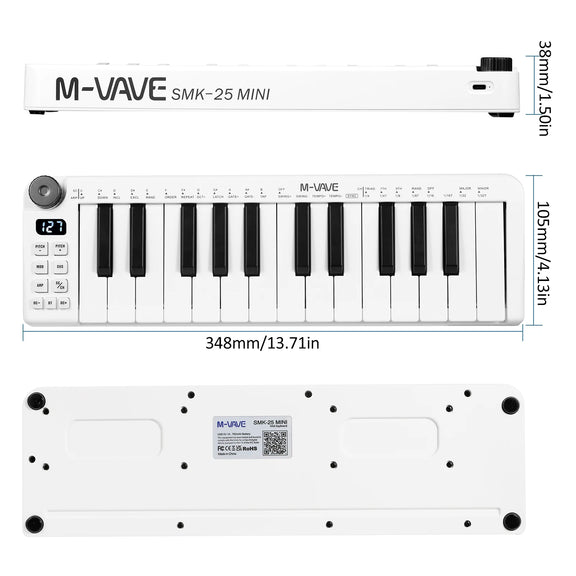 M-VAVE SMK-25 Mini MIDI Keyboard with 25 velocity-sensitive keys and wireless connectivity for portable music production.