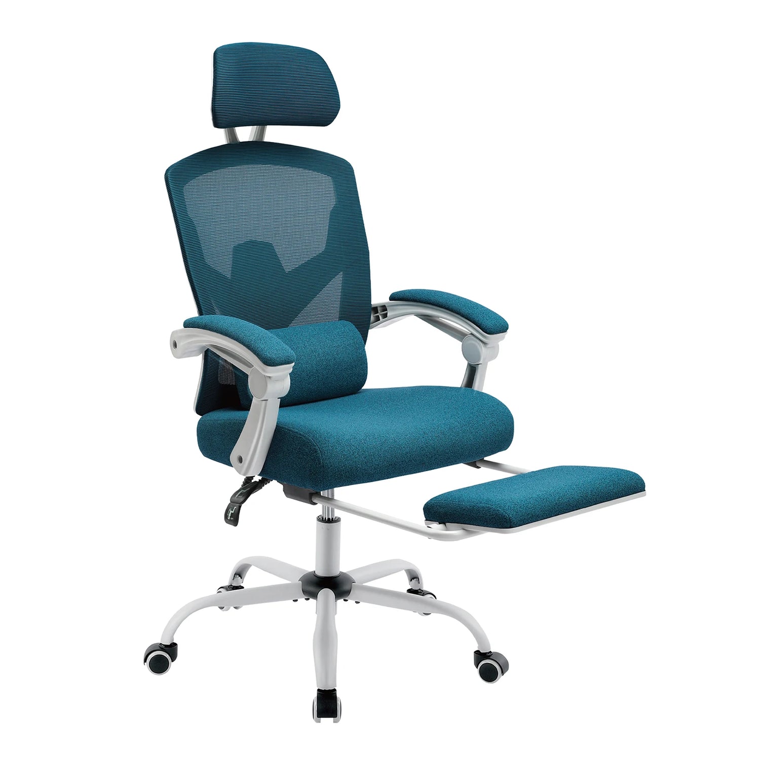 JHK ergonomic reclining mesh office chair with adjustable headrest, lumbar support, and footrest, ideal for long hours of work and relaxation.