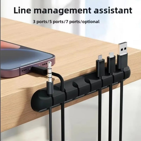 Cable organizer clip with multiple hole options for managing cables on desks, bedside tables, and cars.