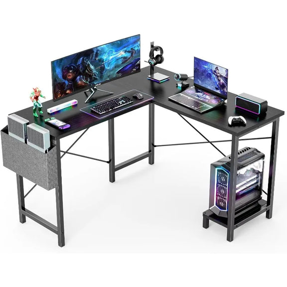 L-shaped corner computer desk with storage bag and CPU tray for gaming or office setups in small spaces