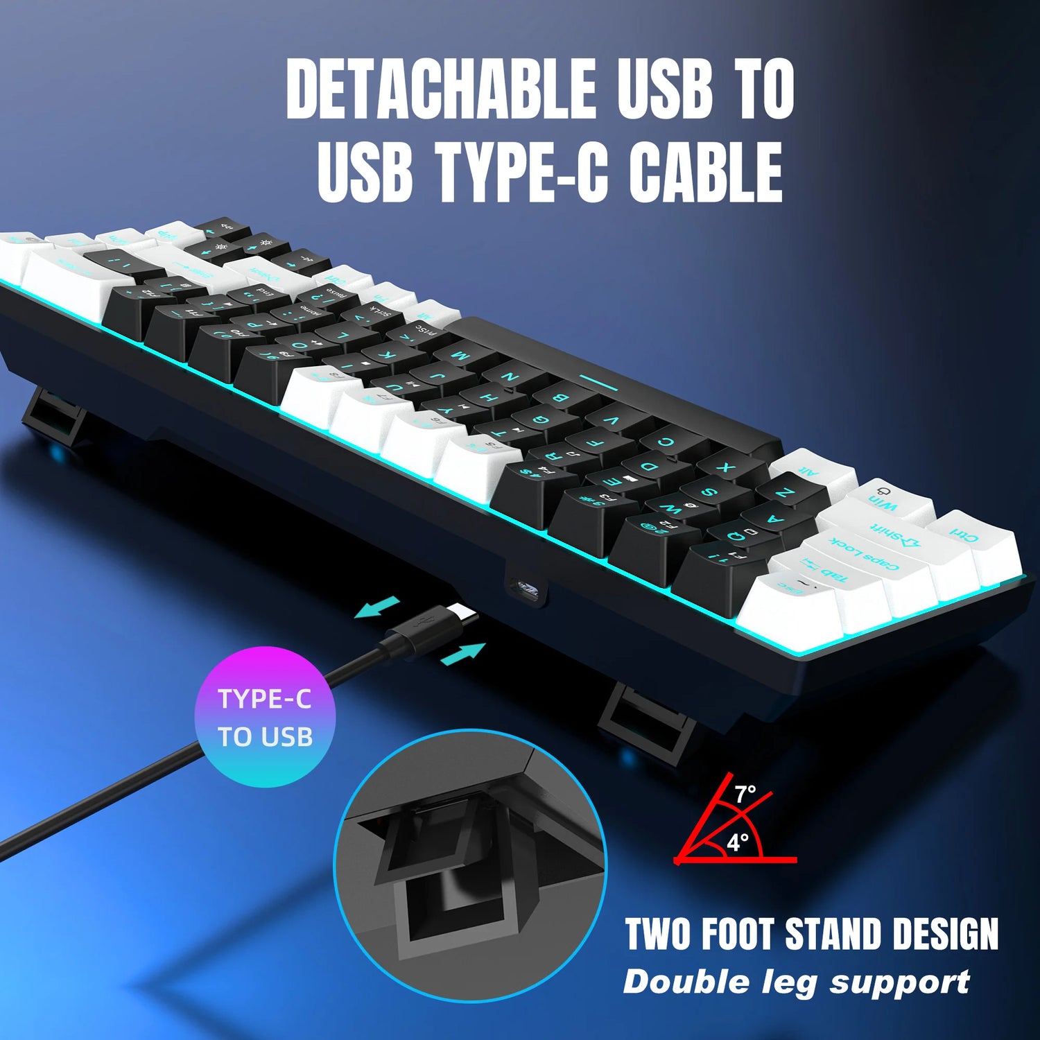 HXSJ 68-Key Ice Blue Backlit Mechanical Keyboard with Hot-Swappable Blue Switches and Detachable Cable.