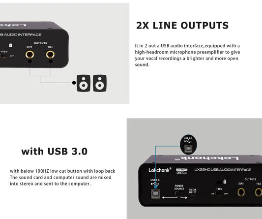 YOMI UX22 Audio Interface with 32-bit/192 kHz resolution, 48V phantom power, and dual XLR inputs for professional recording