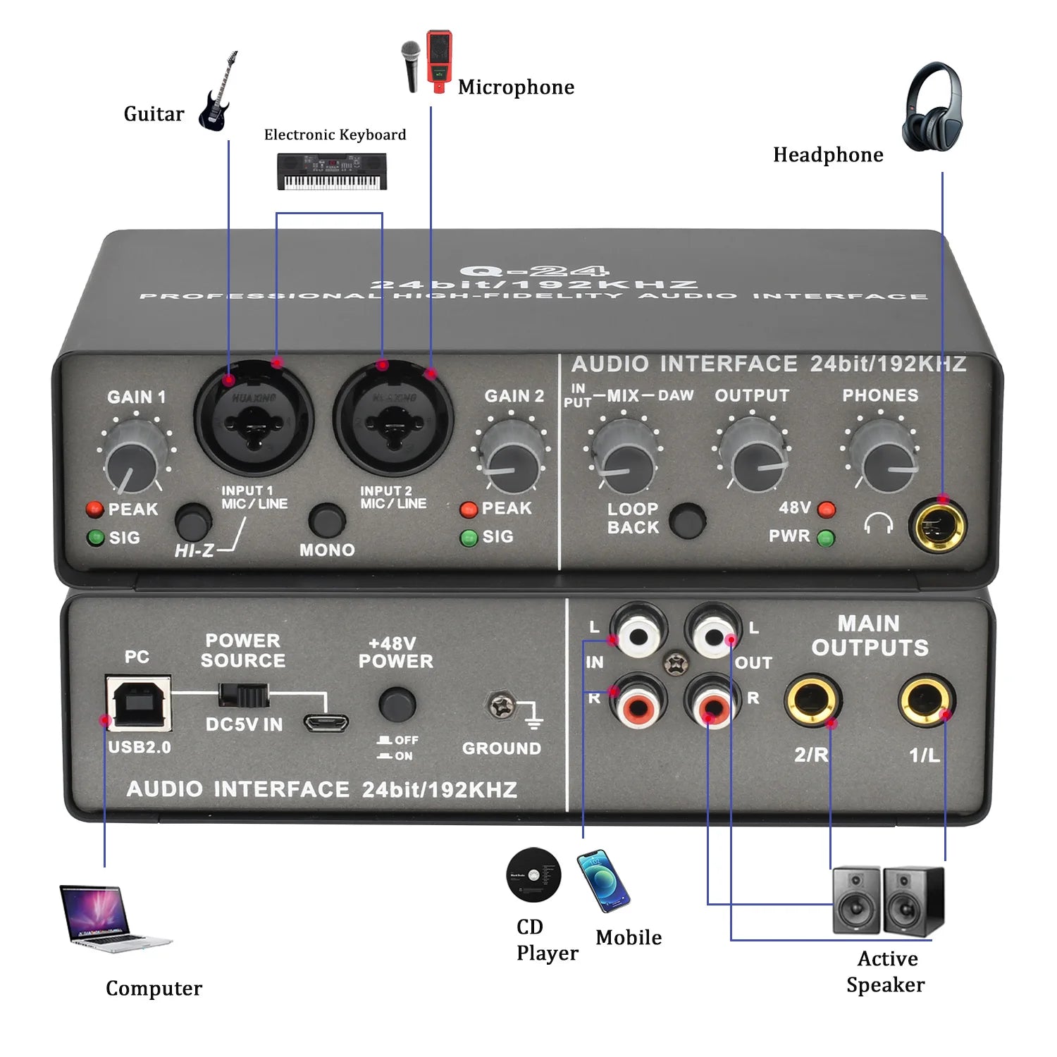 TEYUN Q24 Professional Audio Interface for guitar and vocal recording, portable sound card for studio use