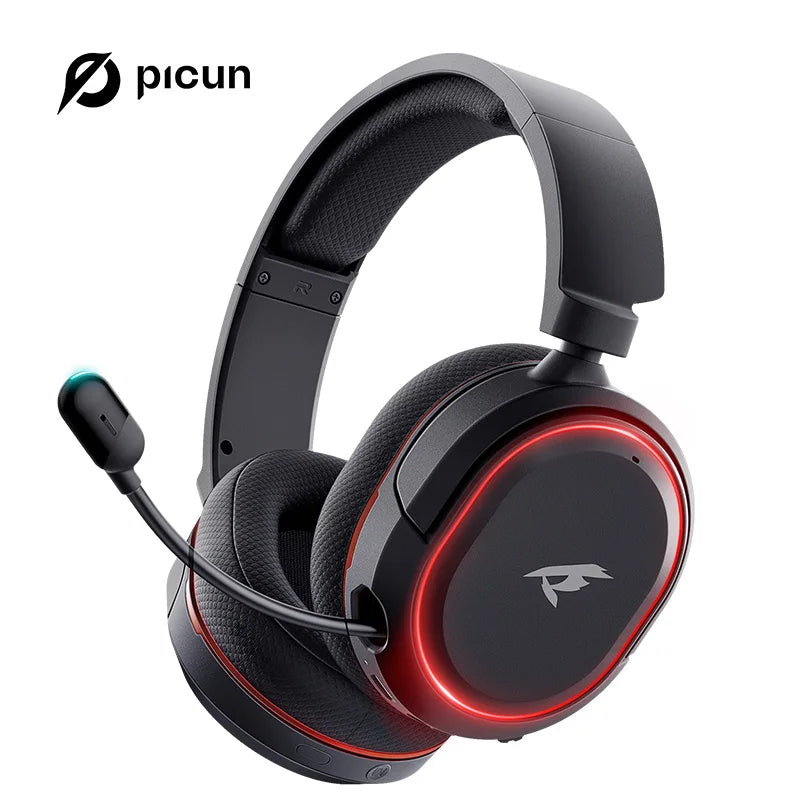 Picun G2 wireless gaming headset with 7.1 surround sound, low latency, retractable ENC mic, and multi-platform support