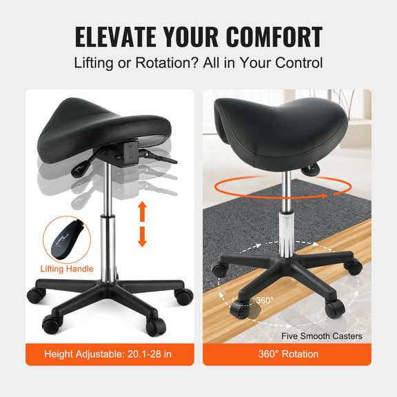 Ergonomic saddle stool with adjustable height and 360° swivel, designed for comfort in salons, offices, and dental clinics.