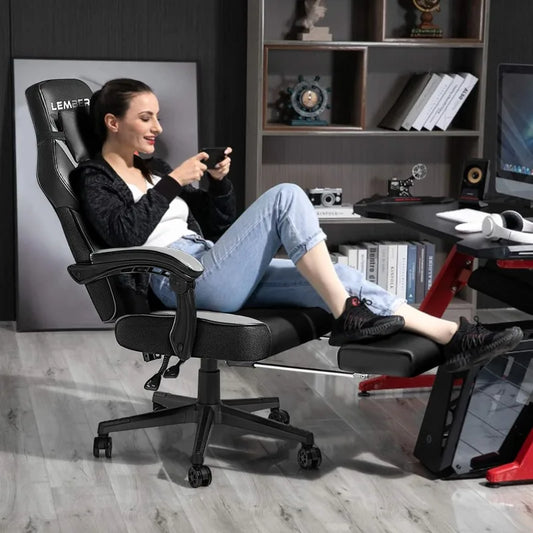 Lemberi ergonomic gaming chair with footrest, 400lb capacity, and adjustable backrest, perfect for adults and tall users.