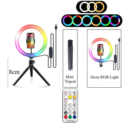 RGB LED ring light with tripod stand and remote control, ideal for YouTube, video lighting, and smartphone photography