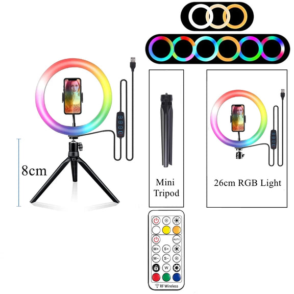 RGB LED ring light with tripod stand and remote control, ideal for YouTube, video lighting, and smartphone photography