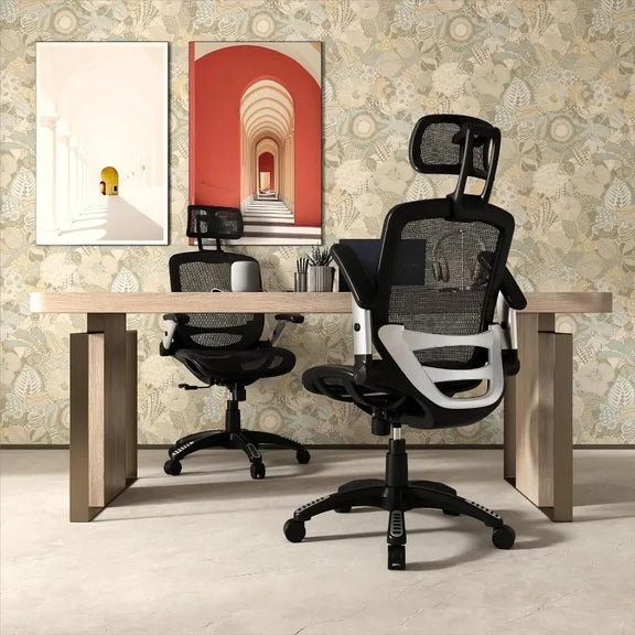 Ergonomic mesh office chair with adjustable headrest and flip-up arms for lumbar support and comfortable sitting.