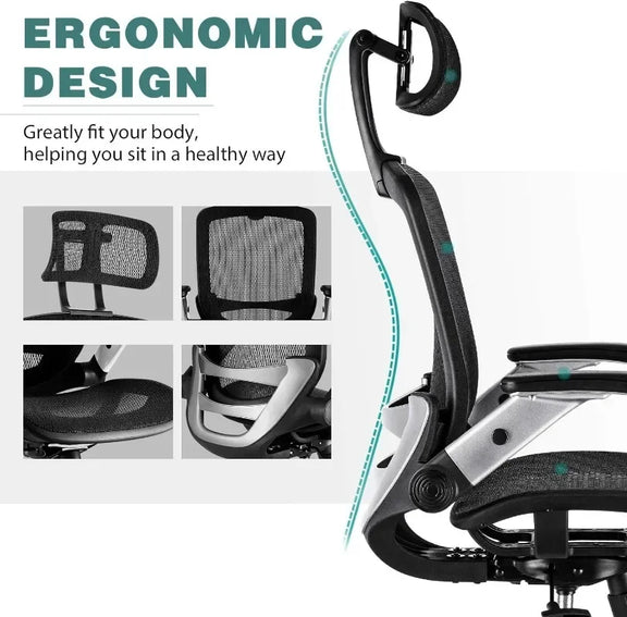 Ergonomic mesh office chair with adjustable headrest and flip-up arms for lumbar support and comfortable sitting.