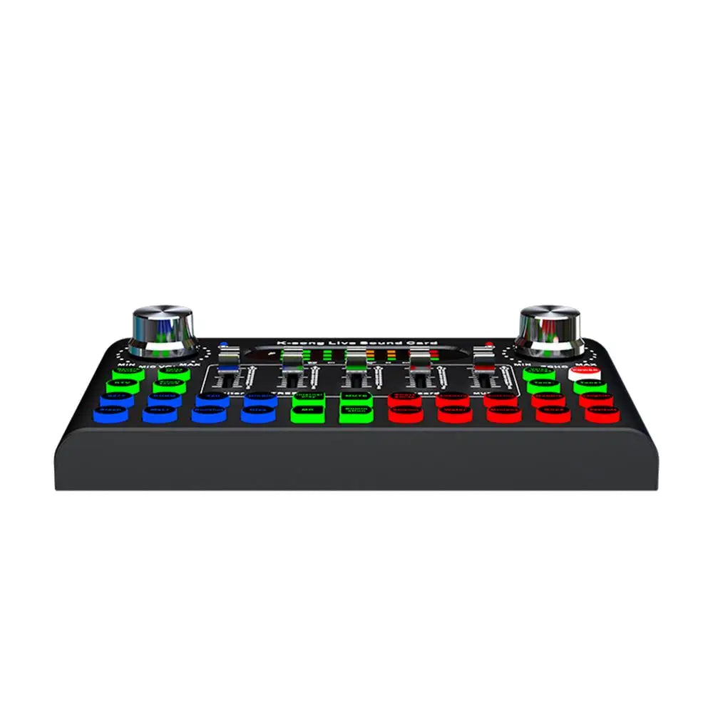 722 F007C Professional Compact Sound Card Mixer with DJ Effects for recording, live streaming, and karaoke.