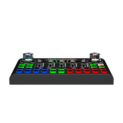 722 F007C Professional Compact Sound Card Mixer with DJ Effects for recording, live streaming, and karaoke.