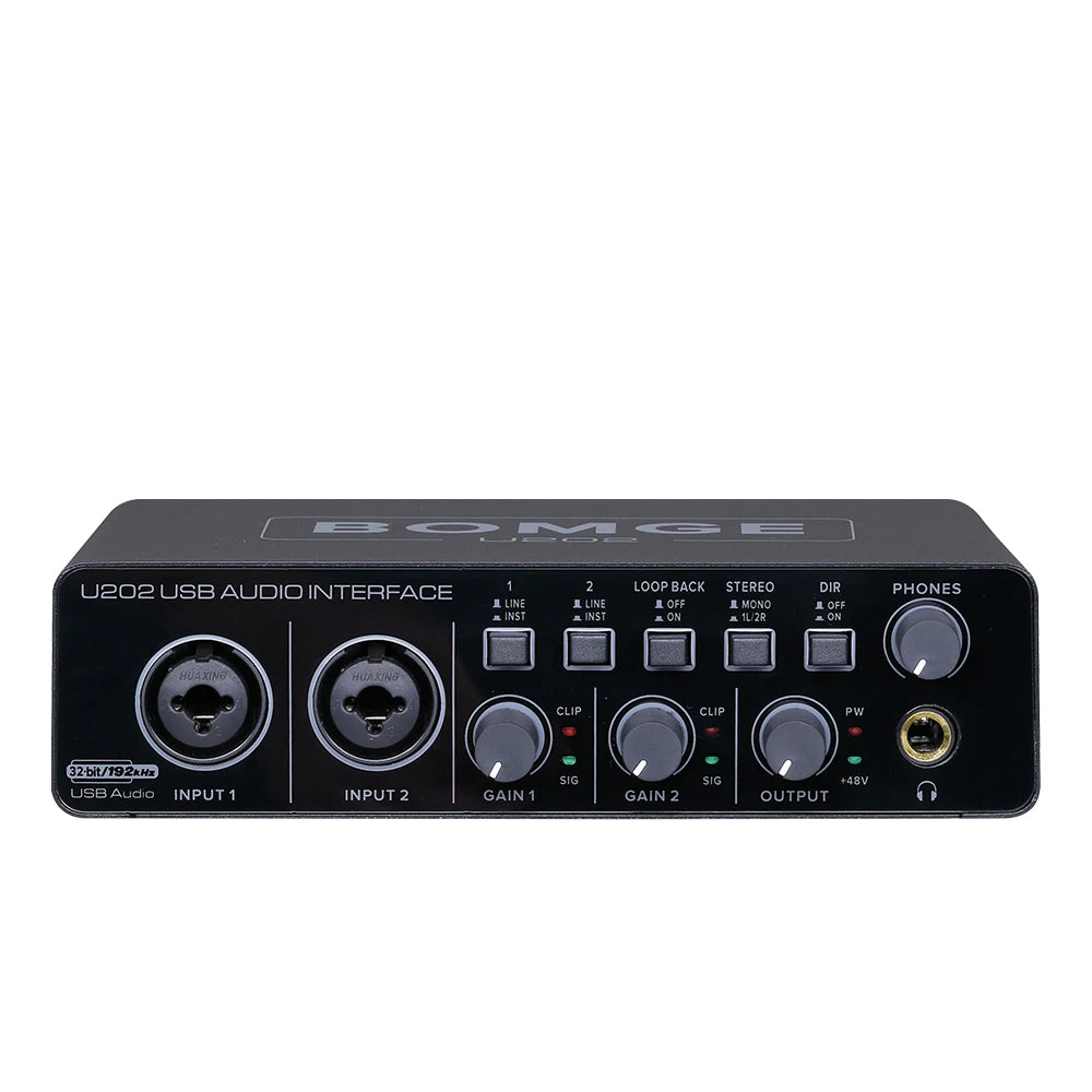 BOMGE U202 USB Audio Interface with 32-bit/192 kHz resolution, dual XLR/TS inputs, and 48V phantom power for streaming and recording