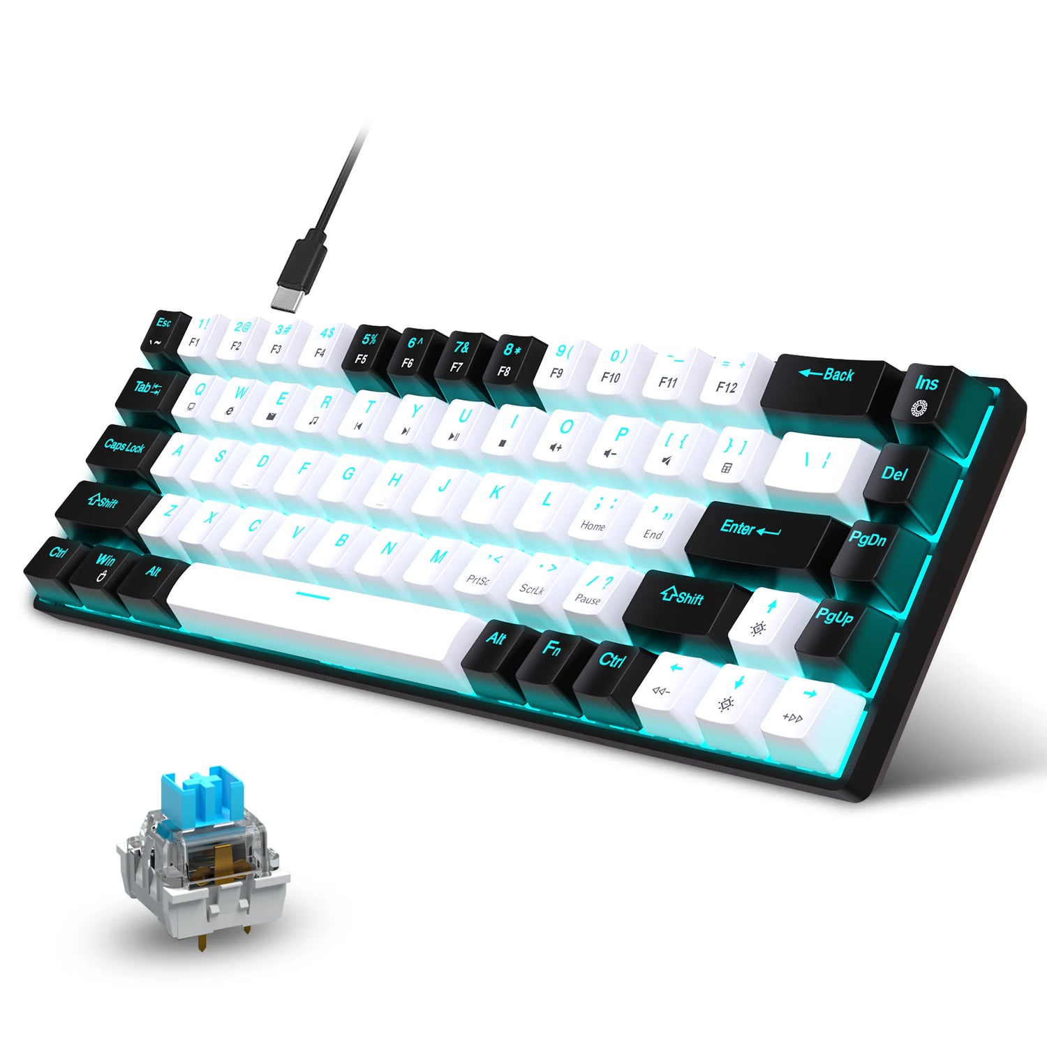 HXSJ 68-Key Ice Blue Backlit Mechanical Keyboard with Hot-Swappable Blue Switches and Detachable Cable.