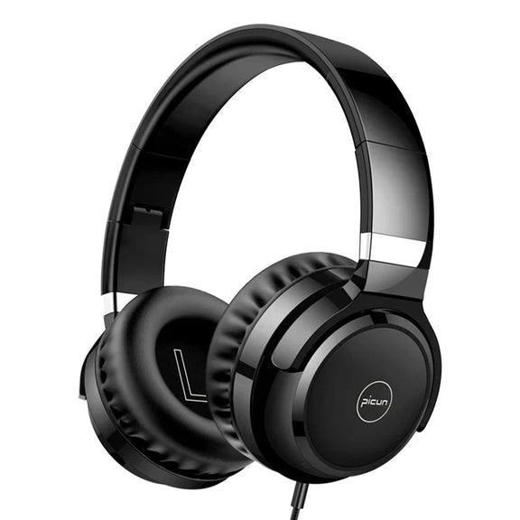 Picun C60 Wired On-Ear Headphones with mic, noise isolation, and 3.5mm jack in black