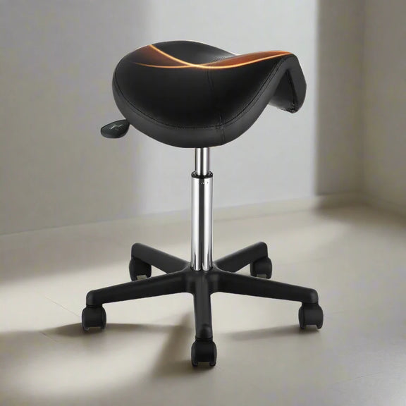 Ergonomic saddle stool with adjustable height and 360° swivel, designed for comfort in salons, offices, and dental clinics.