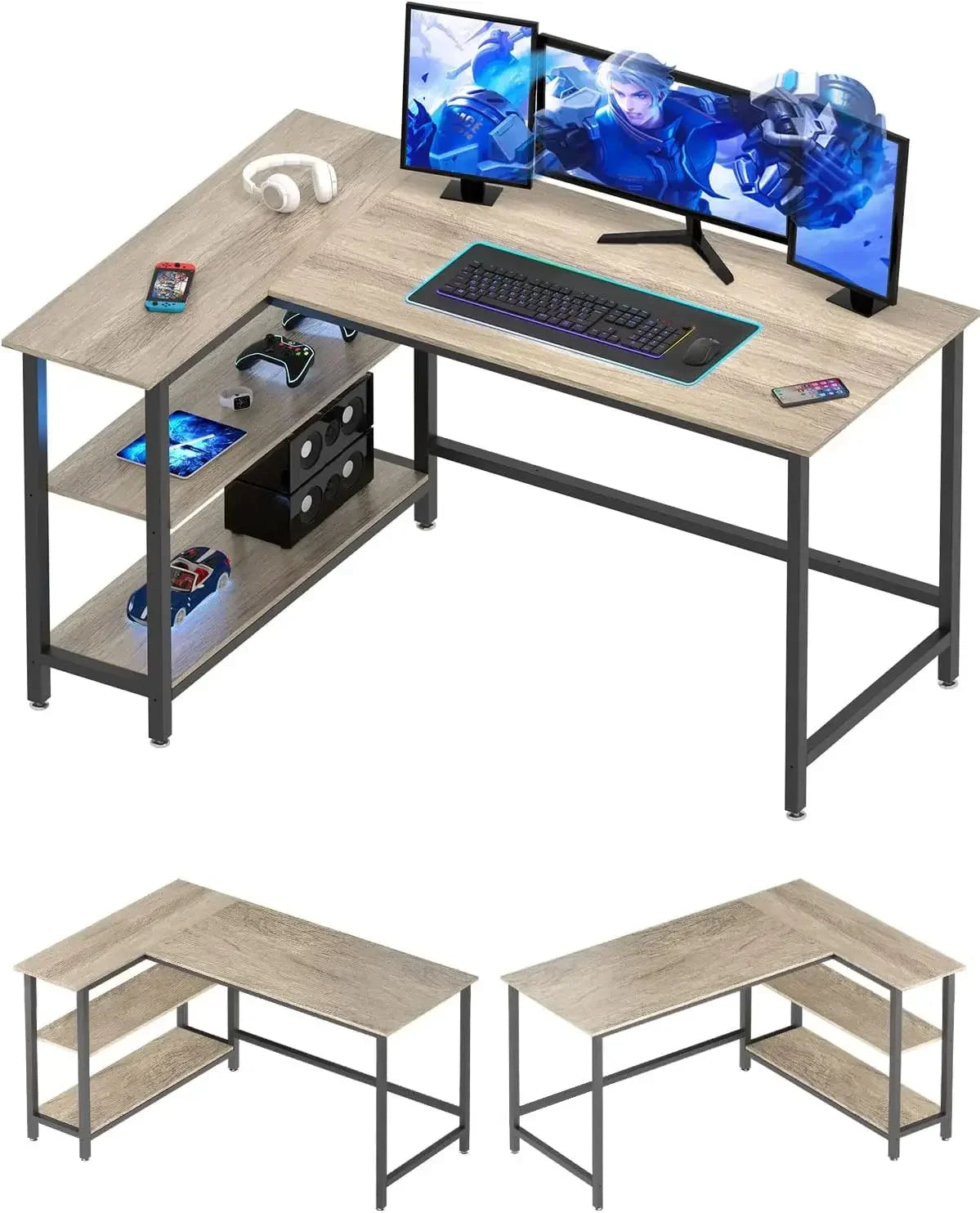 43-inch L-shaped wooden computer desk with integrated storage shelf for home office or gaming setups