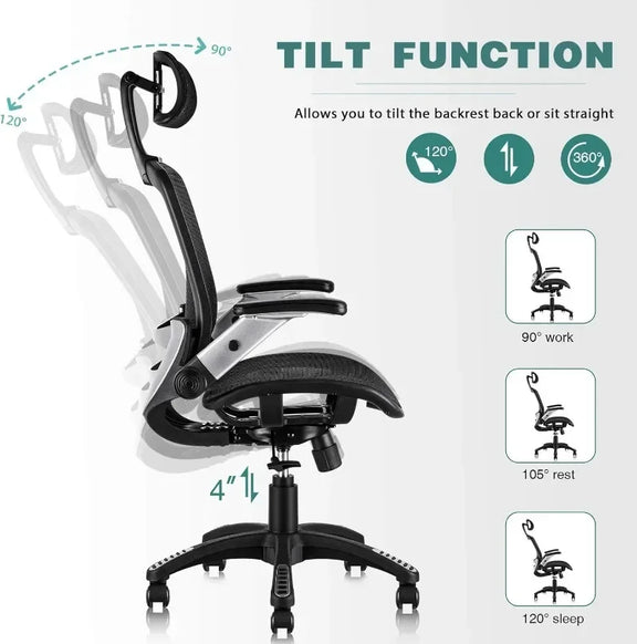 Ergonomic mesh office chair with adjustable headrest and flip-up arms for lumbar support and comfortable sitting.